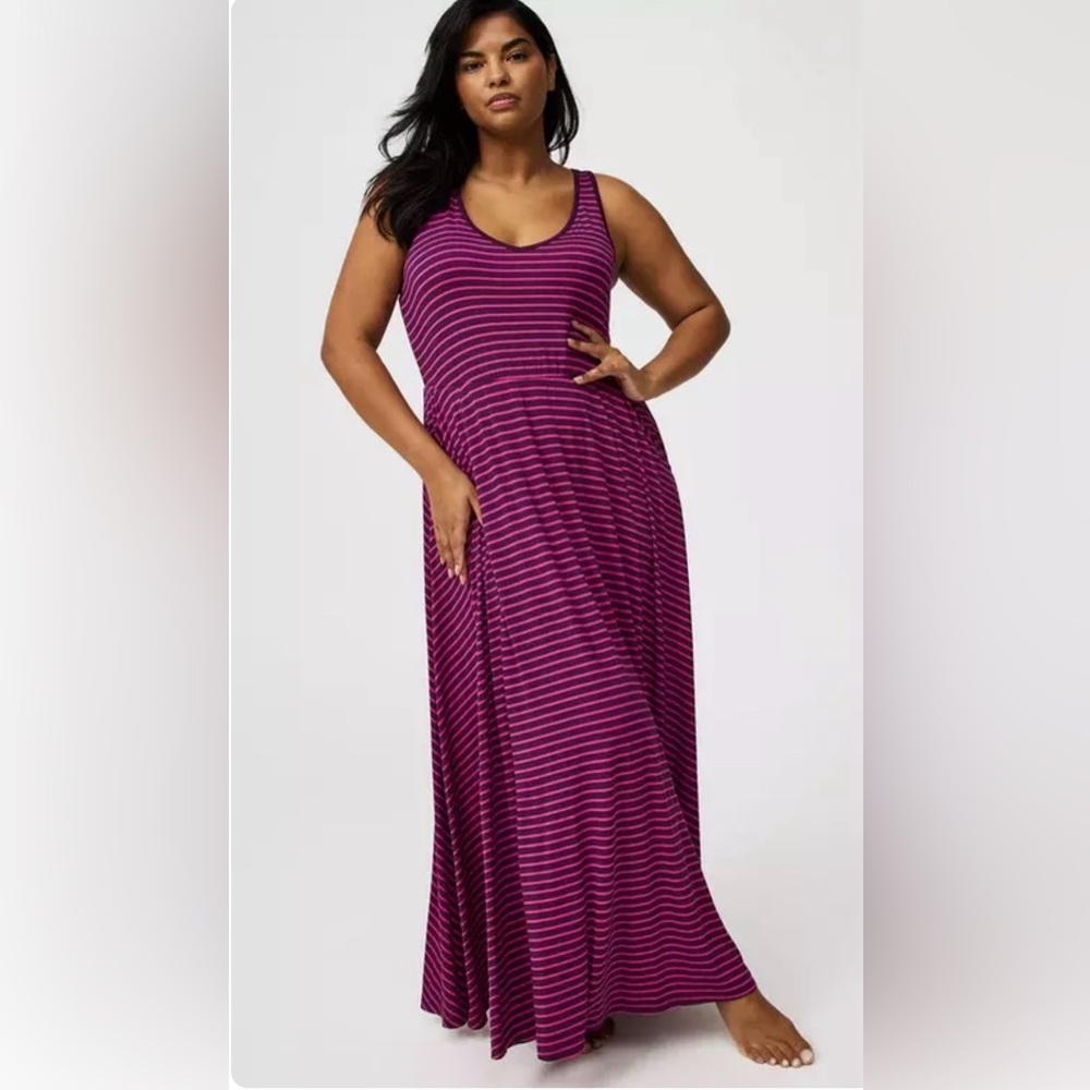 Torrid Purple and Pink Striped Jersey Knit V-Neck Maxi Dress